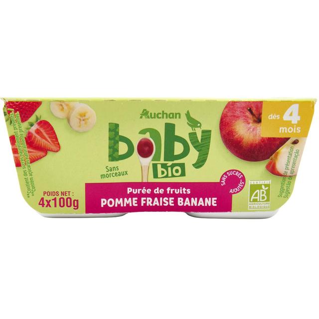 3596710475179 - Auchan Baby Bio - Dessert Pomme Fraise Banane Bio Coupelles Bébé bio dès 4 mois