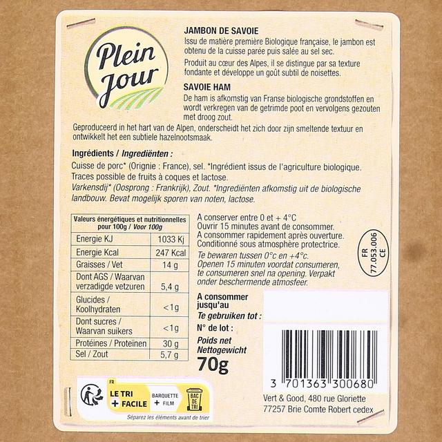 3701363300680 - Plein Jour - Jambon de Savoie Bio
