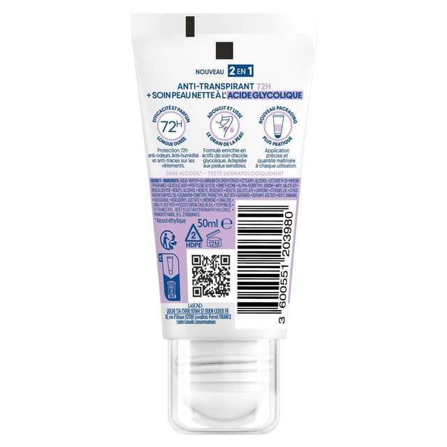 3600551203980 - Narta - Déodorant Bille 2en1 Anti-Transpirant 72H + Soin Peau Nette à l'Acide Glycolique