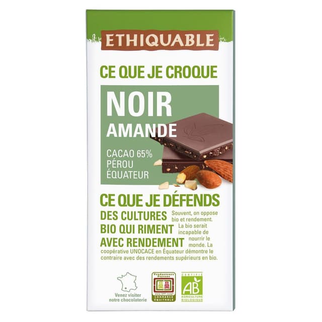 3760278860481 - Ethiquable - Commerce Equitable - Chocolat Noir et Amandes 65% Cacao Bio du Pérou / Equateur