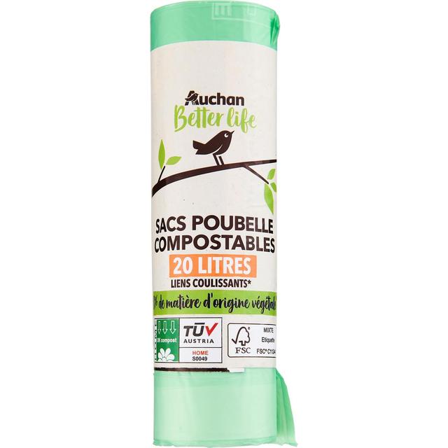 3596710528882 - Auchan Better Life - Sacs poubelle compostables liens coulissants 20l