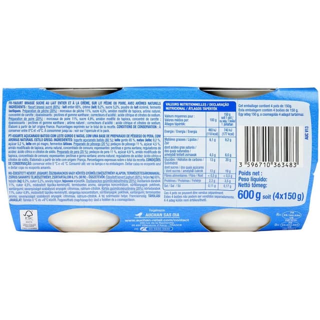 3596710363483 - Auchan - Yaourt à la grecque sur lit de poires pêches