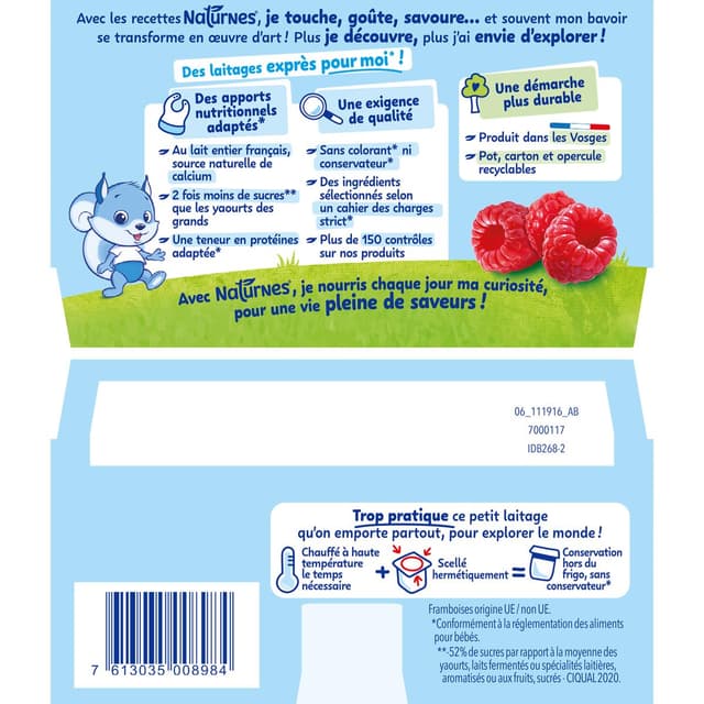 7613035008984 - Naturnes® - P'tit Brassé - Dessert Lacté Framboise Coupelle Bébé Dès 6 mois