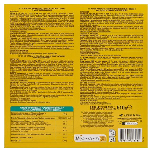 3596710273485 - Auchan - Kit de préparation pour burritos- 8 galettes de blé, Sauce, Sachet d'Assaisonnement.