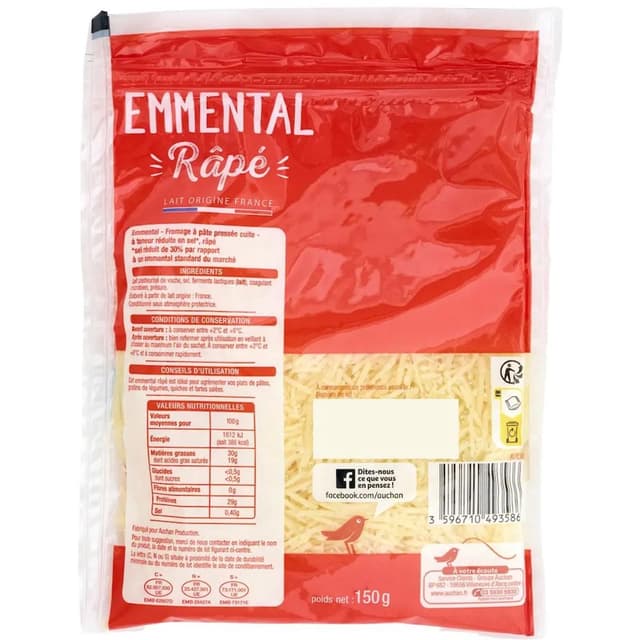 3596710493586 - Auchan - Emmental râpé Sel Réduit