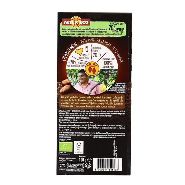 3700214616987 - Alter Eco - Commerce Equitable - Chocolat Noir 70% Cacao Bio d'Equateur