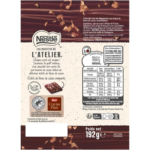 3033710010288 - Nestlé Les Recettes de l'Atelier - Carrés de chocolat noir aux éclats de fèves de cacao