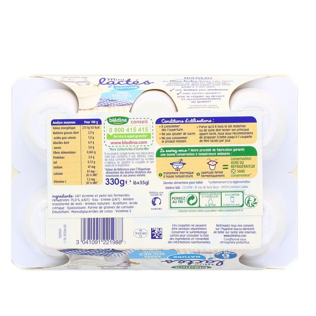 3041091221988 - Blédina - Mini Lactés - Desserts Lactés Nature Coupelle Bébé Dès 6 mois