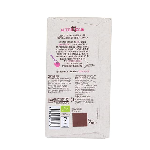 3700214610190 - Alter Eco - Commerce Equitable - Chocolat noir dessert 50% Cacao Bio du Pérou