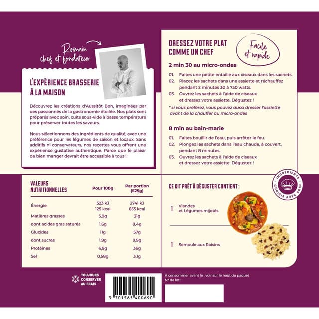 3701565400690 - Aussitôt Bon - Couscous à la Royale viande et légumes mijotés