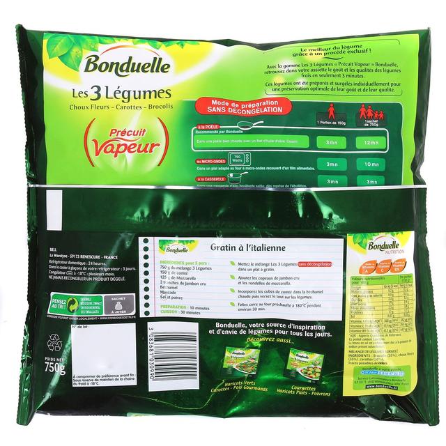3083681030990 - Bonduelle - Les 3 Légumes- Choux fleurs, Carottes, Brocolis- Pré-cuit vapeur