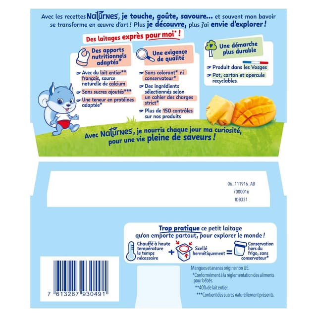 7613287930491 - Naturnes® - P'tit Onctueux - Dessert Lacté Mangue Ananas Fromage Blanc Coupelle Bébé dès 6 Mois