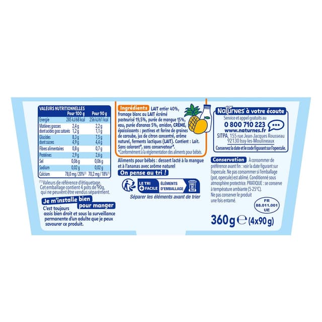 7613287930491 - Naturnes® - P'tit Onctueux - Dessert Lacté Mangue Ananas Fromage Blanc Coupelle Bébé dès 6 Mois