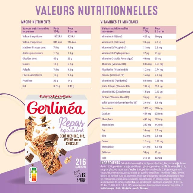 3175681807891 - Gerlinéa - 12 Barres repas céréales aux pépites de chocolat -61% de sucres