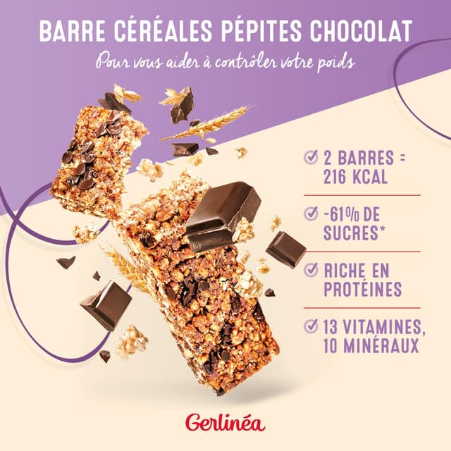 3175681807891 - Gerlinéa - 12 Barres repas céréales aux pépites de chocolat -61% de sucres