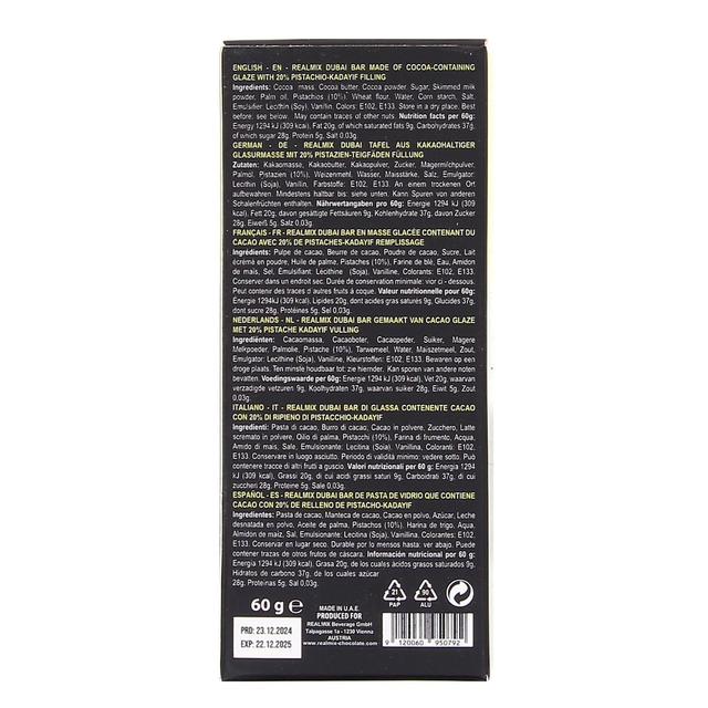 9120060950792 - Realmix - Tablette de chocolat au lait Dubai fourré à la pistache et aux cheveux d'anges
