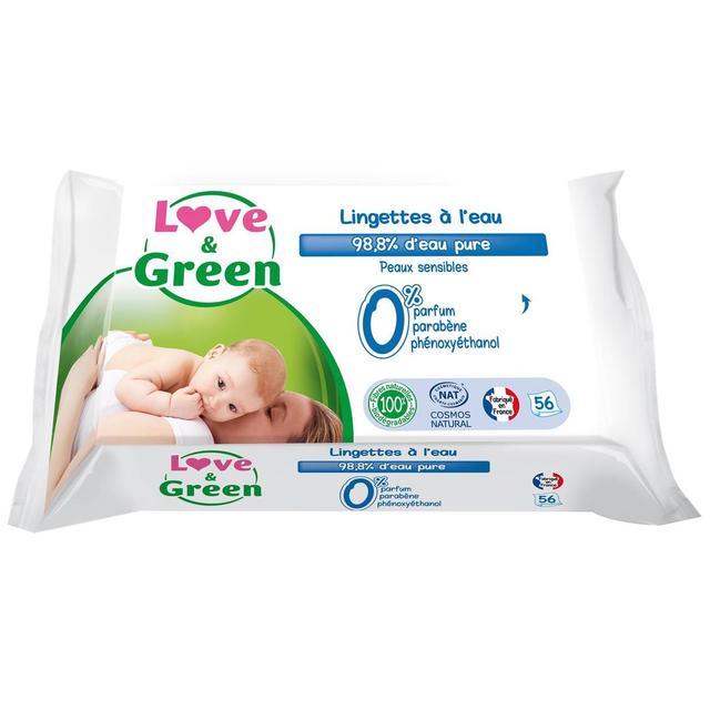 3700668700393 - Love & Green - Lingettes à l'eau sans parfum pour peaux sensibles