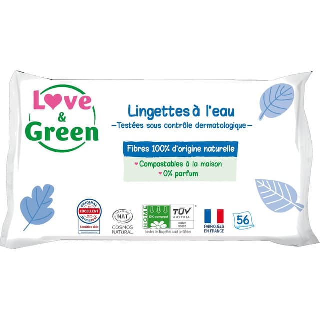 3700668700393 - Love & Green - Lingettes à l'eau sans parfum pour peaux sensibles