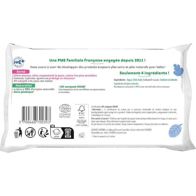 3700668700393 - Love & Green - Lingettes à l'eau sans parfum pour peaux sensibles