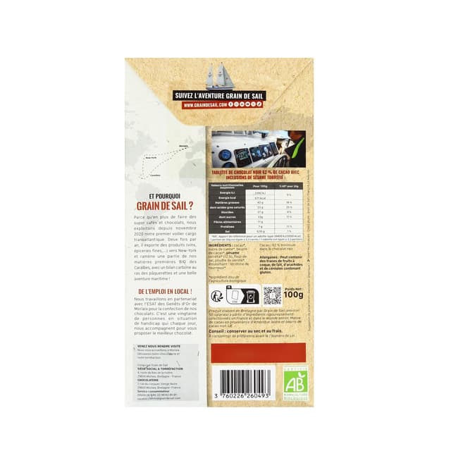 3760226260493 - Grain de Sail - Tablette Chocolat Noir Sésame bio