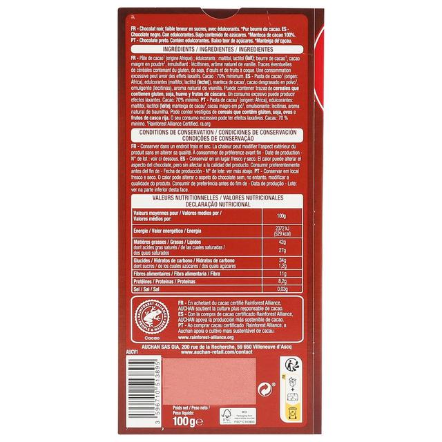 3596710513895 - Auchan - Tablette de chocolat noir 70% cacao