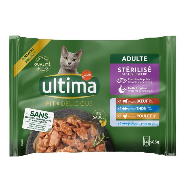 8410650547596 - Affinity - Ultima - Sachets en sauce Fit and Delicious Boeuf, Thon, Poulet, Poissons de l'Océan pour chat adulte stérilisé