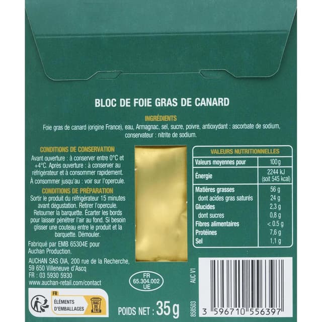 3596710556397 - Auchan - Bloc foie gras de canard France
