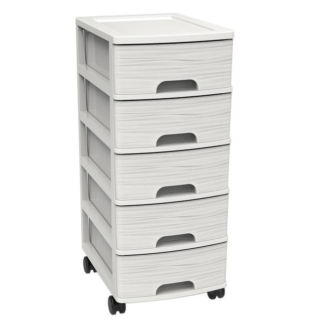 3086960254698 - Eda-David - Tour de rangement 5 tiroirs Stone Blanc césuré + roulettes