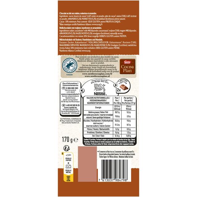 7613037984798 - Nestlé Les Recettes de l'Atelier - Chocolat au lait raisins amandes et noisettes