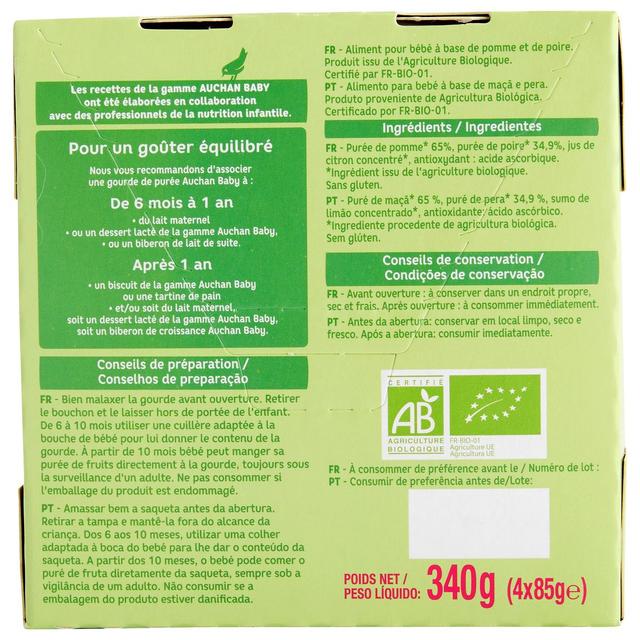 3596710530199 - Auchan Baby Bio - Purée de fruits Pomme Poire Bio Gourdes Bébé dès 6 mois