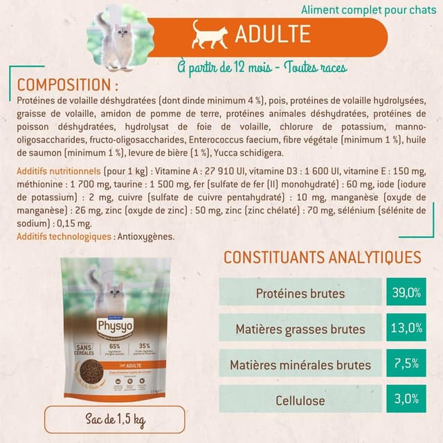 3760080533399 - Physyo by Nutrivet - Croquettes sans Céréales pour Chat Adulte d'Intérieur