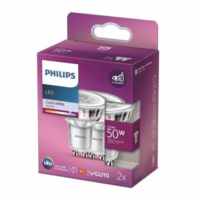 8718699776299 - Philips - 2 Ampoules GU10 LED Spot Blanc Froid 4,65W