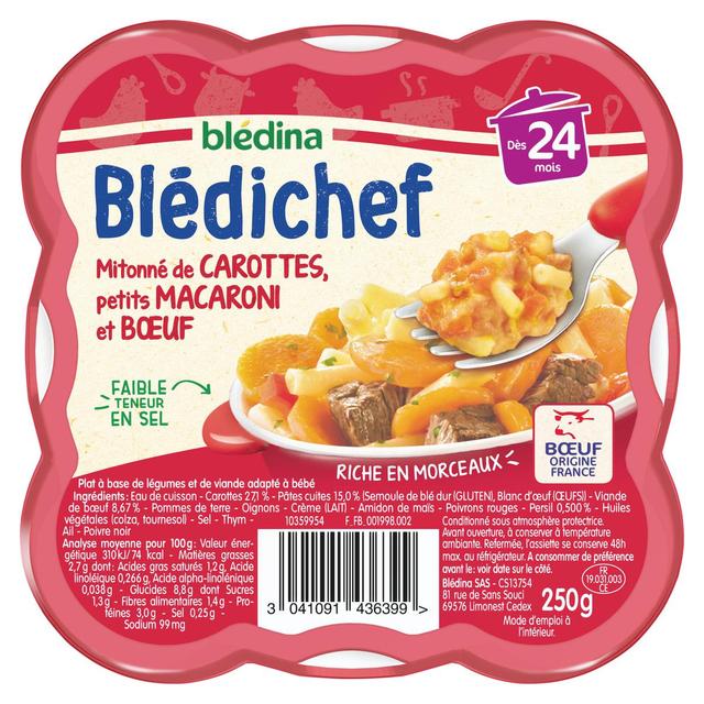 3041091436399 - Blédina - Blédi'chef - Mitonné de Carottes Petits Macaronis et Boeuf Assiette Bébé 24 mois