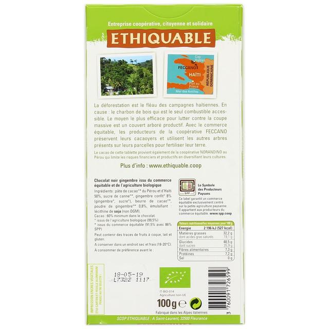 3760091726599 - Ethiquable - Commerce Equitable - Chocolat Noir Gingembre Confit 65% Cacao Bio Pérou ou Equateur