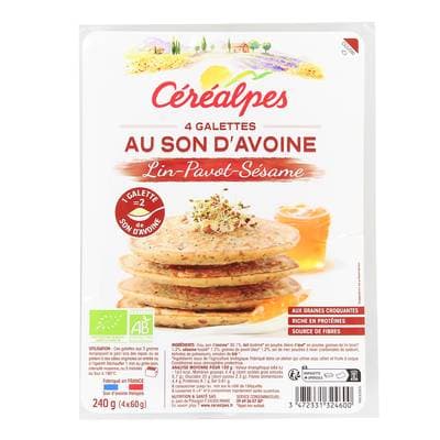 Céréalpes Galettes au Son d'Avoine Lin, Pavot, Sésame Bio, 4x60g