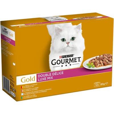 Purina - Gourmet Gold Boites Double Délice Bœuf-Poulet, Lapin-Foie, Poisson-Sauce Epinards, Canard-Dinde pour chat, 12x85g