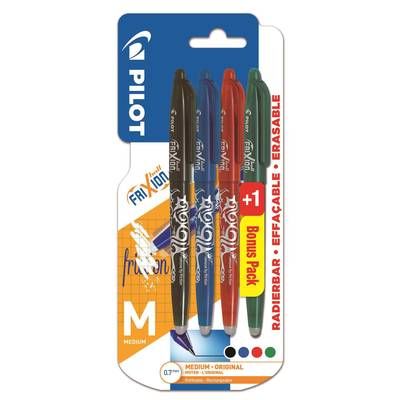 Pilot 4 Stylos effaçables frixion Ball encre gel effaçable bleu, noire, rouge, vert pointe moyenne, 3 stylos + 1 offert