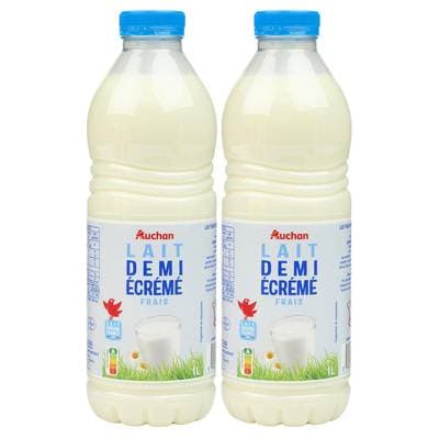 Auchan Lait demi-écrémé frais, Lot de 2x1L