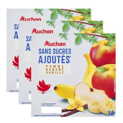 Auchan Pomme banane vanille sans sucres ajoutés, Lot de 3 - 4x100g