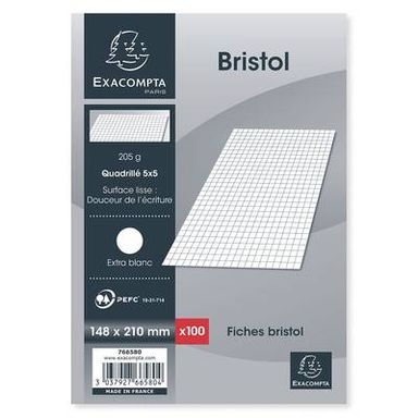 Exacompta Fiches bristol 14,8 x 21 cm blanches à petits carreaux non perforées, 100  fiches