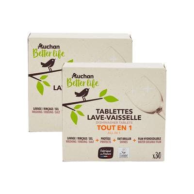 Auchan Tablette lave vaisselle tout en 1 environnement, Lot de 2x30 tablettes