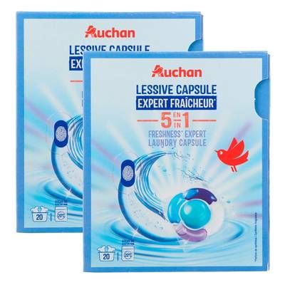 Auchan Lessives capsules expert fraîcheur 5en1, Lot de 2x20 capsules