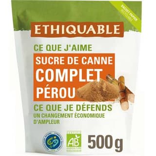 Ethiquable - Commerce Equitable Sucre complet de canne en poudre Bio du Pérou, 500g