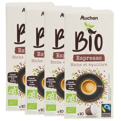 Auchan BIO Café en capsules Espresso bio, Lot de 4x10 capsules