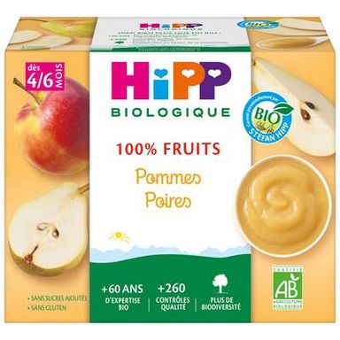 Hipp - 100% Fruits Pommes Poires Bio Coupelle Bébé Dès 4/6 mois, 4x100g