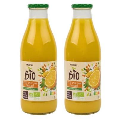 Auchan BIO Pur jus d'orange bio avec pulpe sans sucres ajoutés, Lot de 2x1L