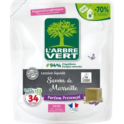 L'arbre Vert Lessive liquide Hypoallergénique Savon de Marseille Parfum Provençal, 1,53L