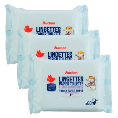 Auchan Lingettes papier toilette à l'huile d'Amande douce, Lot de 3x60 lingettes