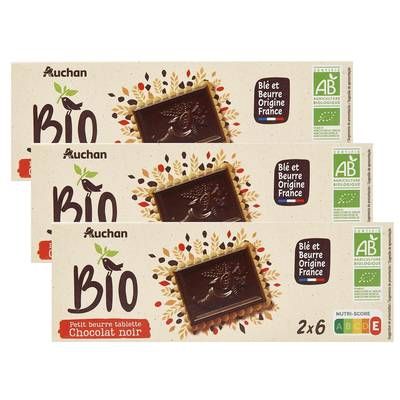 Auchan BIO Biscuits petit beurre avec tablette de chocolat noir bio, Lot de 3x150g