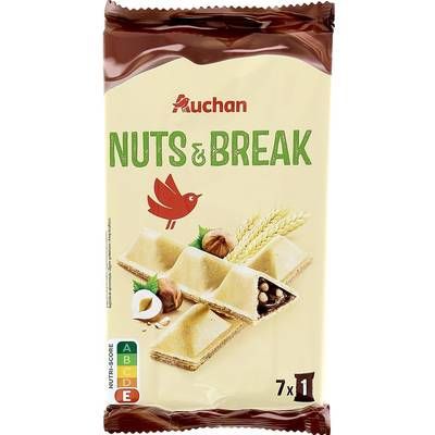 Auchan Nuts & Break Gaufrettes fourrées de pâte à tartiner cacao noisettes x7, 108g